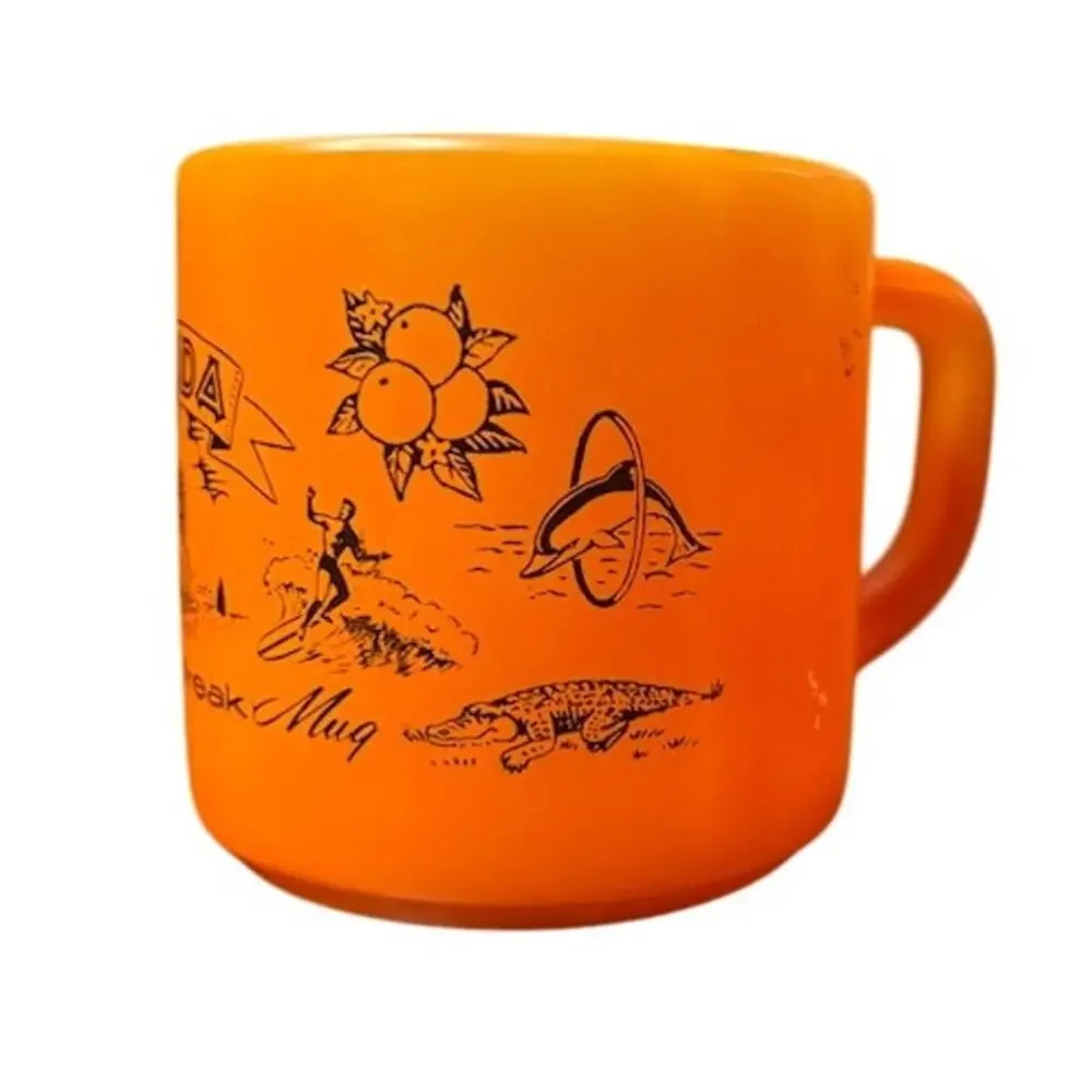 Vintage Florida Federal Milk Glass Co. Coffee Mug Orange Your Coffee Break USA